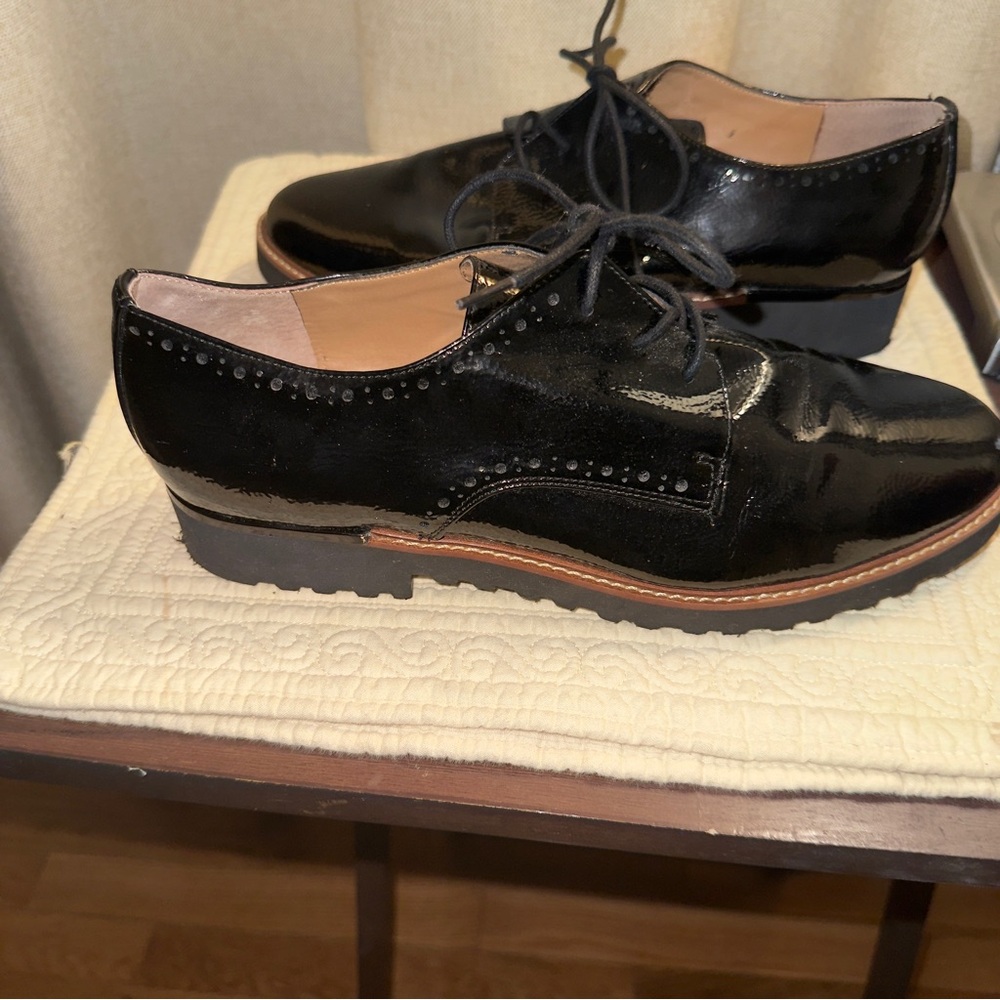 Women’s Frank Sarto Charles Oxford Glossy Black Lace-Up Shoes. Size 9.5. Preppy.
